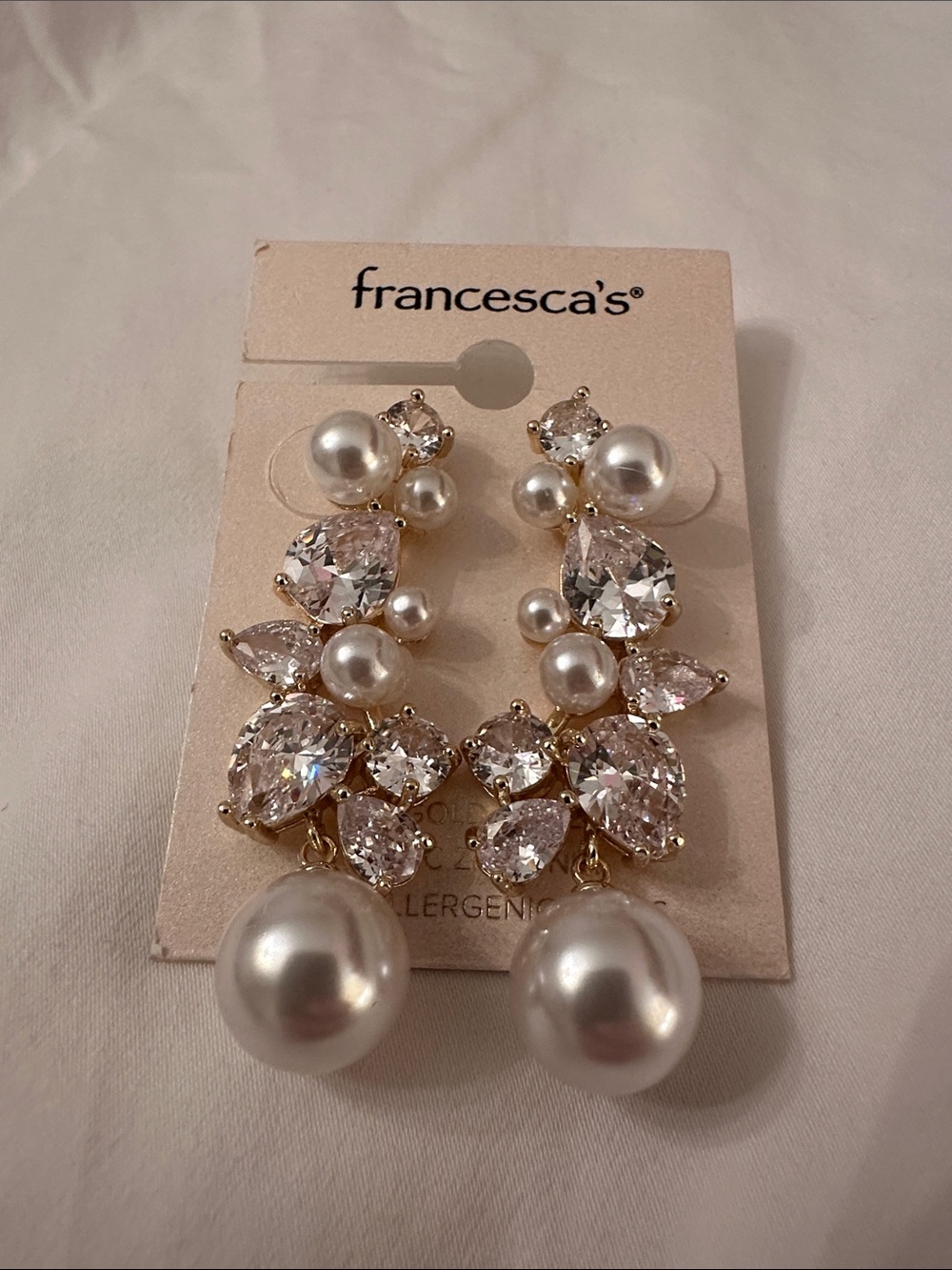 Francesca's Collections Gold-Tone Pearl and Clear Crystal Drop Earrings